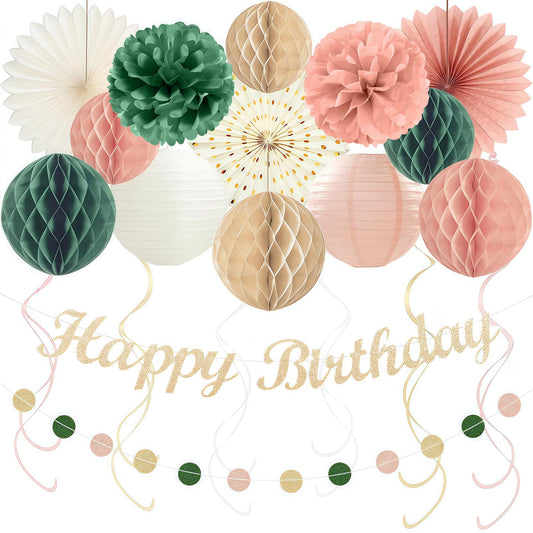 24Pcs Boho Style All-In-One Party Decorations Kit, Happy Birthday Banner with Honeycomb Balls, Paper Flowers, Lanterns, Hanging Swirls, Garland for Women, Girls Celebrations (Pink Sage Green)