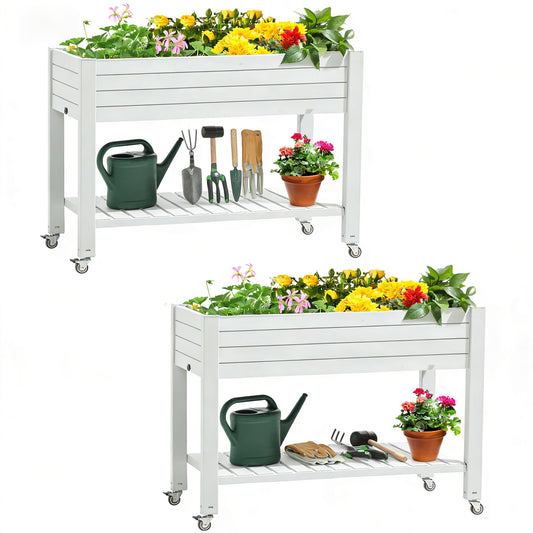 YITAHOME 43.3x17.7x34 in Elevated Garden Bed 2pcs, Outdoor Plastic Planter Box with Wheels, Legs, Drain Plug, and Storage Shelf for Plants, Vegetables, Flowers, Herbs, Grayish-White