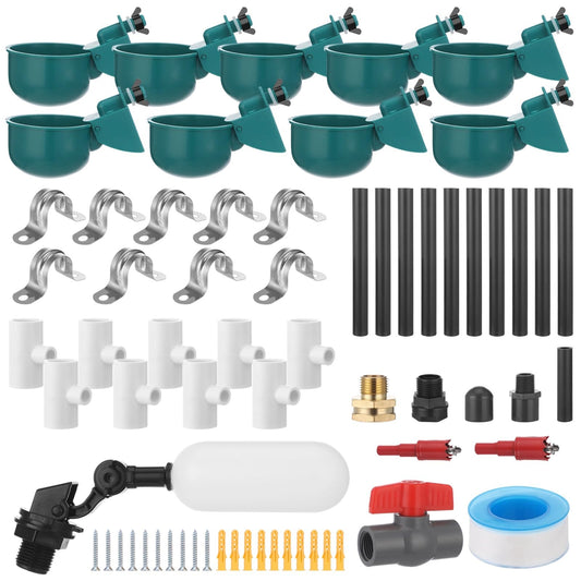 Complete Chicken Automatic Waterer System Kit - Includes 9 Chicken Water Cups, PVC Pipe, T-Joints, Float Valve, Poultry Watering, DIY Chicken Water Feeder for Broiler, Duck, Goose, Farm Birds