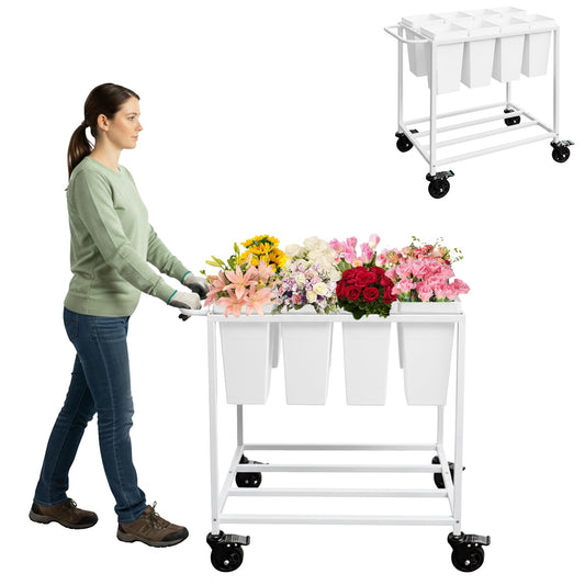 Verssure Flower Cart with 8 Buckets,Flower Cart Display Stand with Wheels,Bloom Bar,Flowers Stand for Wedding ,Party and Home Decor (White)
