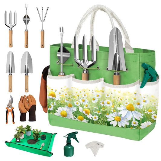 22Pcs Garden Tools Set for Women,Heavy Duty Hand Tool Kit,Birthday Gifts for Mom Wife Grandma Beginner,Gardening Essentials with Large Tote Bag/Repotting Mat/Trowel/Rake/Pruner/Gloves/Plant Tags-Green