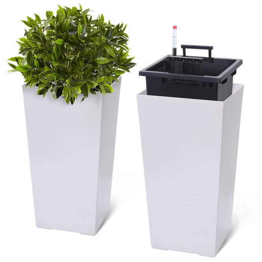 SierraSquad 22.5" Tall Planters Set of 2 – Large Outdoor & Indoor Black Flower Pots with Drainage Holes, Water Level Monitor & Removable Inner Bucket for Front Porch, Patio, Garden – Black