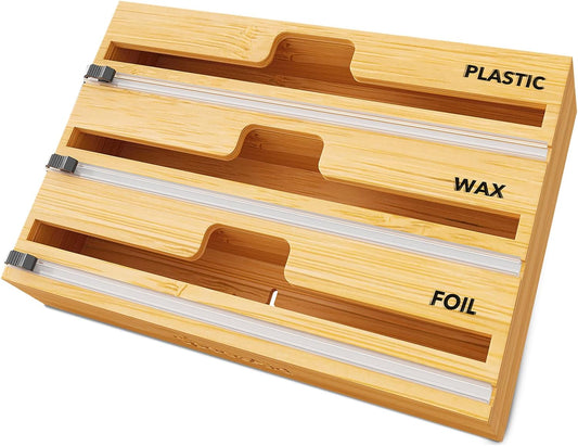 SpaceAid WrapNeat 3-in-1 Wrap Organizer - Cutter & Labels for Plastic Wrap, Foil & Wax | 12" Roll Holder (Natural)