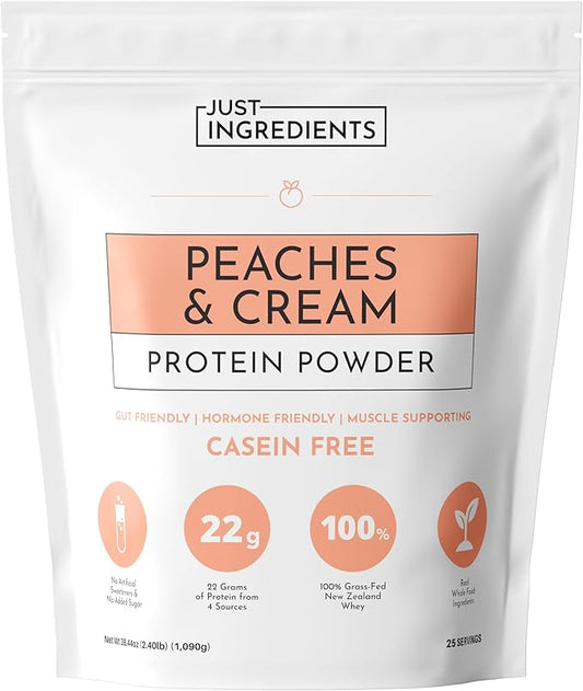 JUST INGREDIENTS Peaches & Cream Protein Powder ??25-Serving Blend with 100% Grass-Fed Whey & Organic Plant Proteins ??Real Peach Flavor ??Supports Muscle Recovery, Energy*