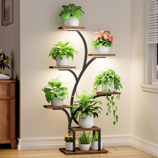 BACEKOLL Plant Stand Indoor with Grow Lights, 7 Tiered Indoor Plant Shelf, 49" Corner Plant Stands for Indoor Plants, Metal Plant Flower Display Shelf, Tree-Shaped Plant Rack for Home, Patio, Brown