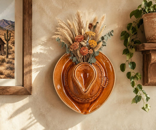 Cowboy Hat Vase for Wall | Large Size 11.8" | Ceramic Cowboy Hanging Planter for Indoor | Vintage Western Home Decor for Bathroom & Bedroom | Wall Mounted Flower Vase | Boho & Country Home Decor