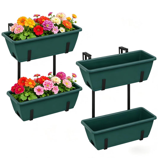 Deck Railing Planter Boxes 2 Tier Green Outdoor Hanging Planters Set of 2 with 4 Pack Flower Boxes 16.9 Inch Window Boxes Planters with Adjustable Brackets Balcony Planters for Garden Porch Patio