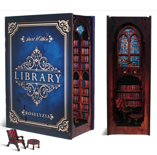 Book Nook Kit – NOOKBOOX by ROSELYZIA – DIY Miniature Dollhouse 3D Wooden Puzzle with LED Light – Bookshelf Decor Gift for Adults & Teens – Navy Blue