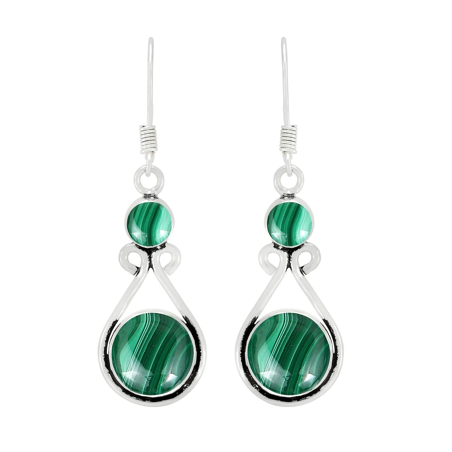 Natural Malachite Silver Plated Dangle Earrings for Women - April Birthstone Round Gemstones Drop Earrings Handmade Jewelry - Mother's Day Gift for Her
