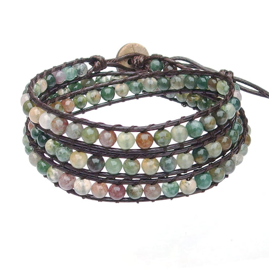 Ayriwoyi Moss Indian Agate Bracelet Beaded Wrap Bracelet for Women Natural Stone Bracelet Leather Wrap Bracelet Crystal Bracelets Handmade Jewelry Gifts