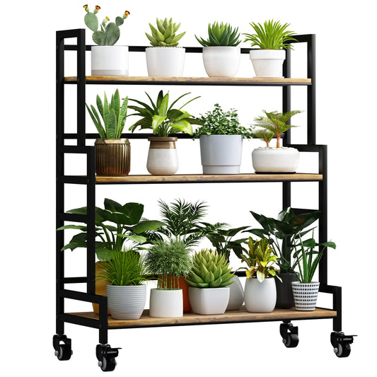 YIZAJIA Plant Stand Indoor 3 Tier Metal Board Outdoor Tiered Stands Shelf With wheel for Multiple Plants Potted Ladder Plant Holder Table Plant Pot Stand for Window Garden Balcony Living Room