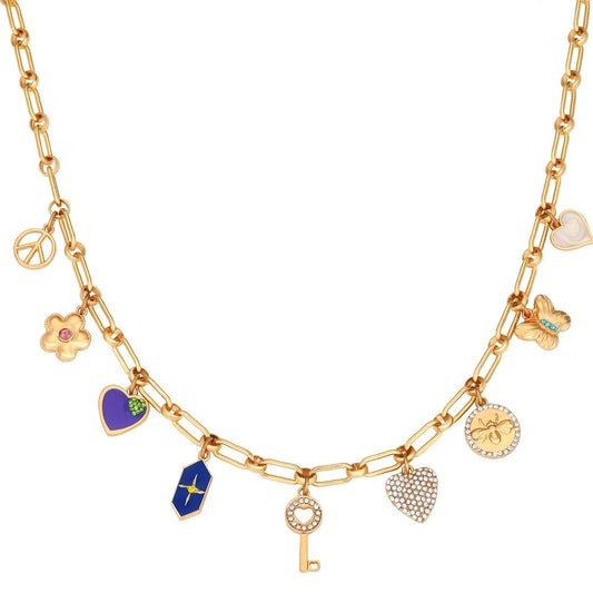 BONJOULRY Charm Necklace for Women Gold Cute Love Heart Key Peace Cross Flower Butterfly Coin Pendant Necklace Dainty Paperclip Chain Charms Choker Necklace Y2K Preppy Jewelry Key