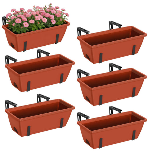 CADUKE 6 PCS Railing Planter Boxes, Planter Boxes with Adjustable Bracket, 17 Inch Deck Rail Planters for Outdoor Plants, Flower Pots for Balcony Garden Decor, Red