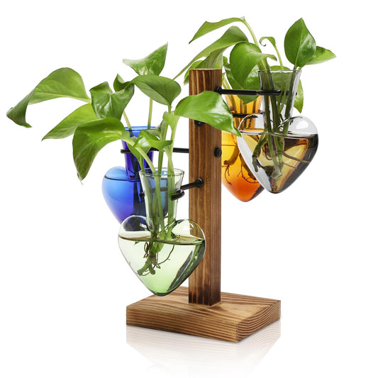 CYZglass Plant Terrarium Propagation Stations with Wooden Stand, Glass Vase for Indoor Hydroponics Home Garden Office Decoration Gift for Women - 4 Love Bulb Vase