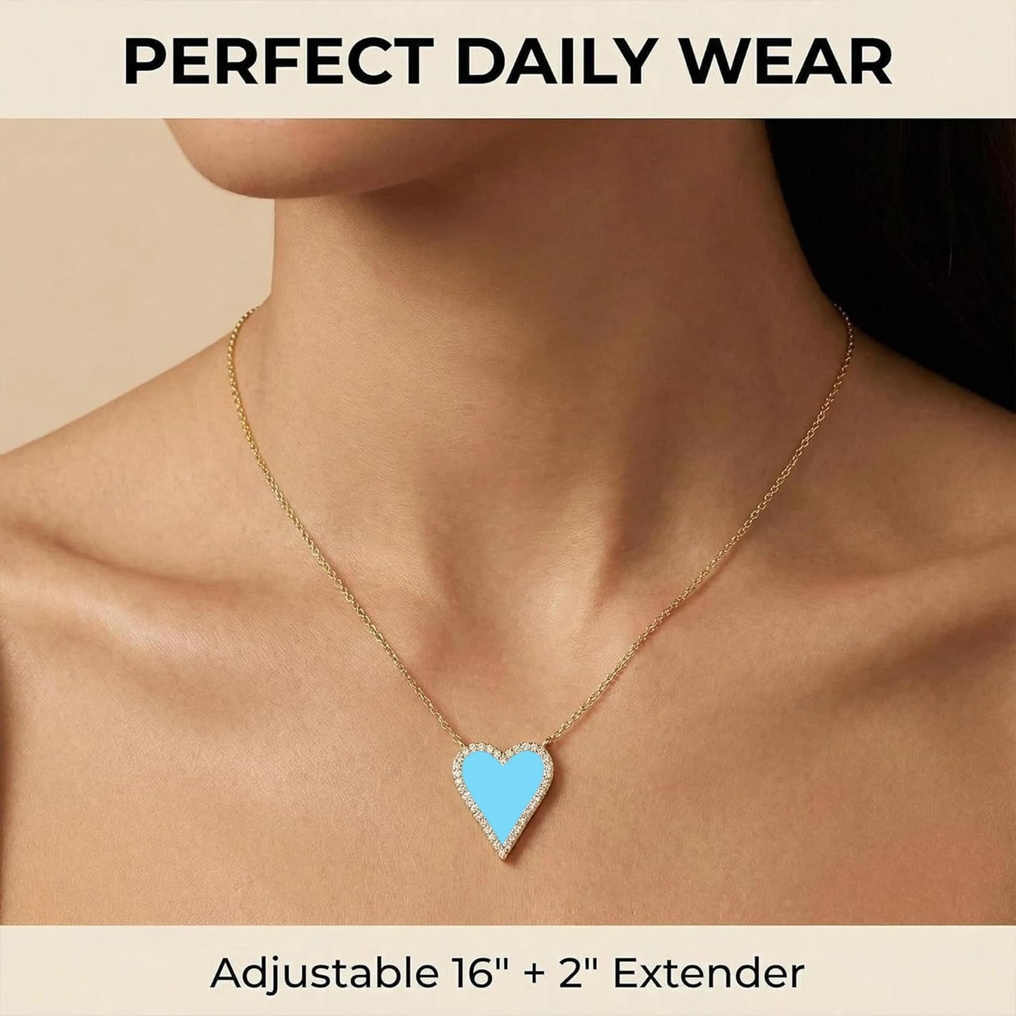 JINGDR Heart Necklace for Women Trendy Preppy Jewelry Gold Plated Love Heart Pendant, Heart Paperclip Chain Necklace Cute Heart Necklaces Birthday for Women Dainty Jewelry (blue)
