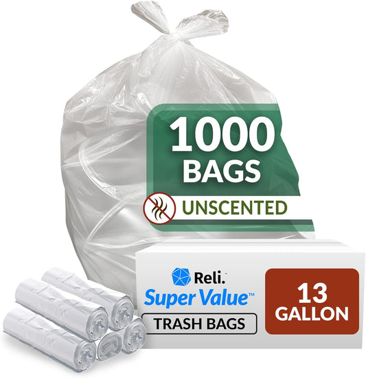 Reli. SuperValue 13 Gallon Trash Bags - 1000 Count Bulk | Clear Tall Kitchen Can Liners