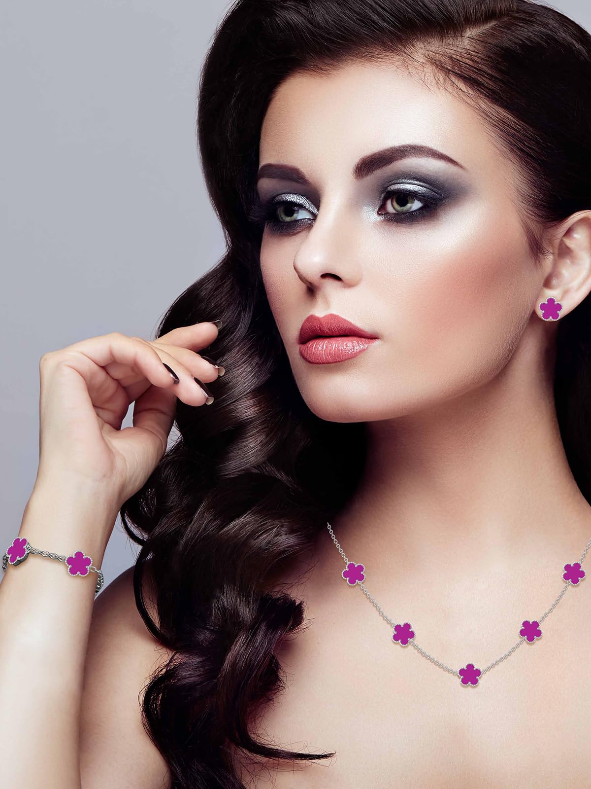 Qinpan Five Leaf Clover Necklace Bracelet and Stud Set for Women Lucky Flower Jewelry (Purple-Stainless Steel)