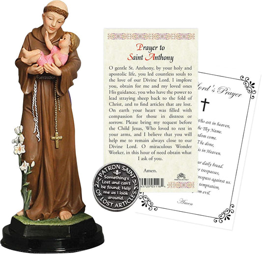 St. Anthony of Padua Statue | 5-Inch Figurine with Laminated Prayer Card & Pocket Token Set