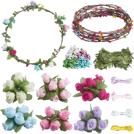 BEAMARKER 109Pcs Floral Crown Making Kit Flower Wreath Kit Colorful Rose Spring Tea Party Favor Handmade Fairy Garland Wreath Headband Hair Accessories Set for Wedding Bridal Birthday Home Women