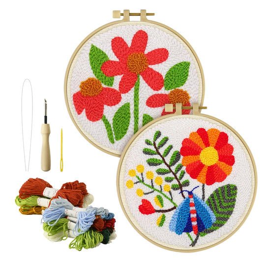Betoom 2PCS Punch Needle Kits Adults Beginner, DIY Flower Dragonfly Punch Needle Kits for Adults with Patterns, Tools, Yarns, Hoop