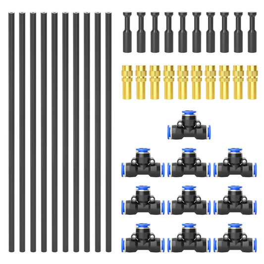 TAILONZ PNEUMATIC Brass Misting Nozzles with Tee Fittings – 12" Hose, 360° Adjustable Spray for Patio Cooling, Watering, and Outdoor Misting Systems 10PCS