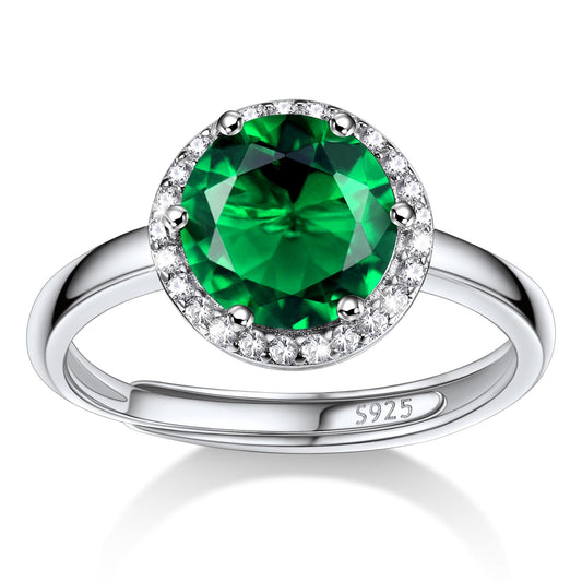 Bestyle Round May Emerald Birthstone Rings Embellished with White Cubic Zirconia Minimalist Sterling Silver Open Band Gemstone Rings for Birthday/Christmas/Party/Anniversary/Wedding