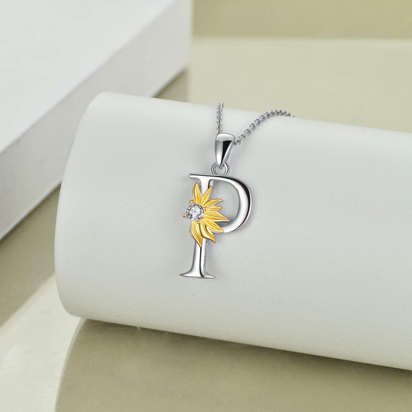 POPLYKE Sterling Silver Initial Alphabet Letter Script Name Pendant Chain Necklace for Women for (Sunflower P)