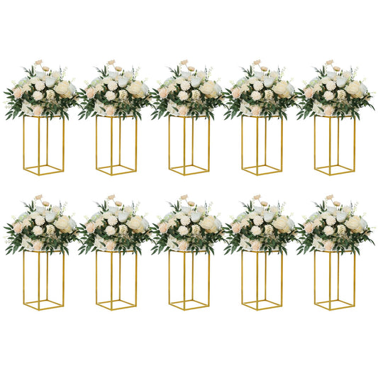 YALLOVE 10 Pcs 15.75" Gold Wedding Flower Stand Metal Vase Column Stand Geometric Centerpiece Vase for Home Party Wedding Decorations, Rectangular Flower Display Rack