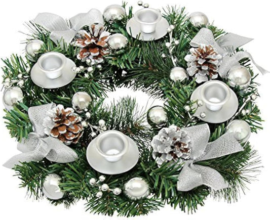 Silver Ribbon Advent Wreath - Festive Centerpiece Décor with Candle Holder & Christmas Candles