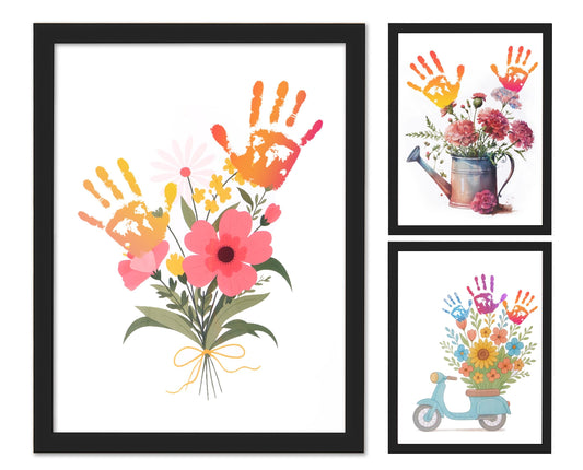 CHERRY CHEERS Flower Bouquet Handprint Art Kit, 3 Special Unique Sheets with Floral Design, DIY Keepsake Craft Gift, Meaningful Christmas or Thanksgiving Gift, 6 Colors Non-Toxic Inkpads (Black)