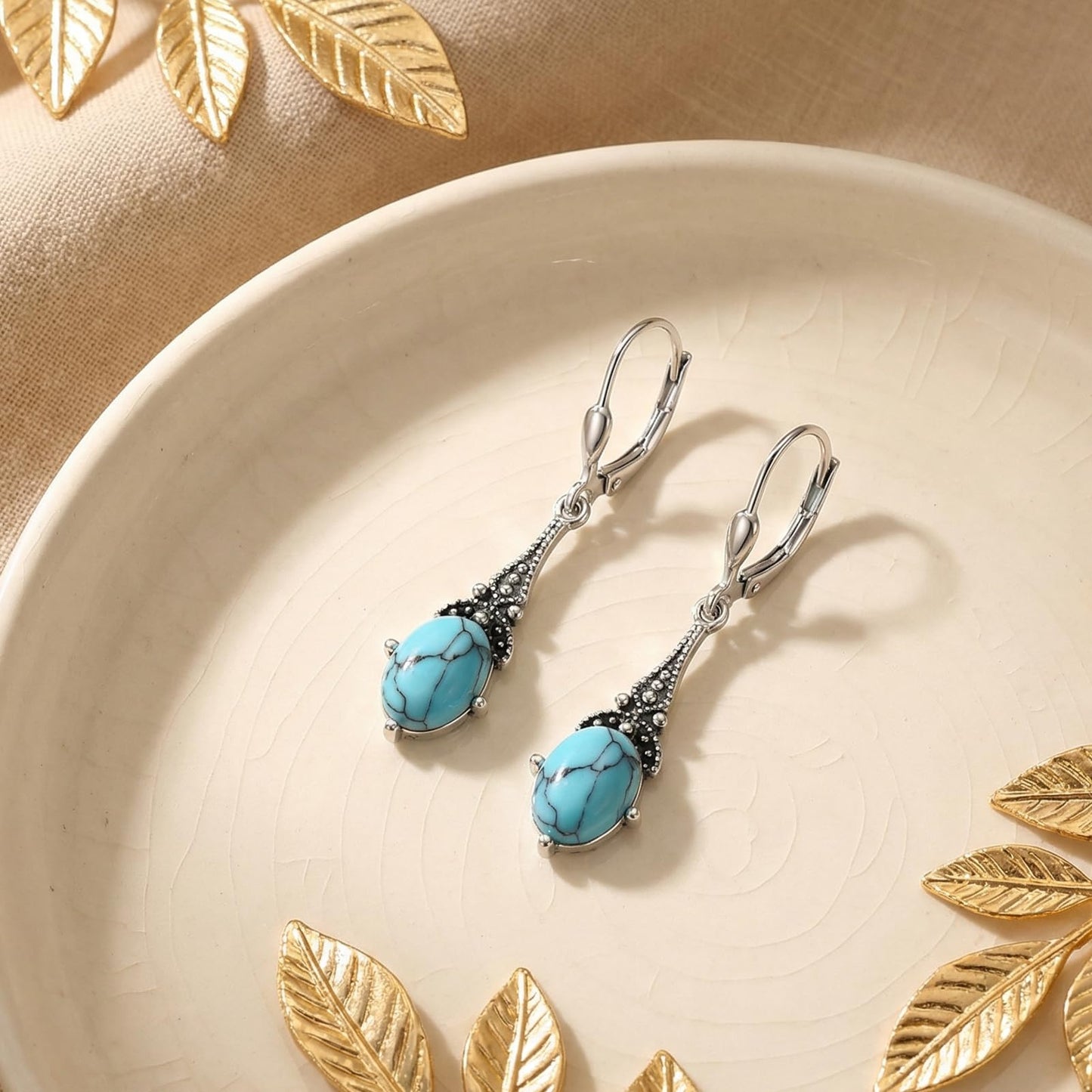 Turquoise Earrings for Women Sterling Silver Vintage Retro Dangle Drop Leverback Earrings with Oval Created Turquoise Blue, Jewelry Gifts for Women