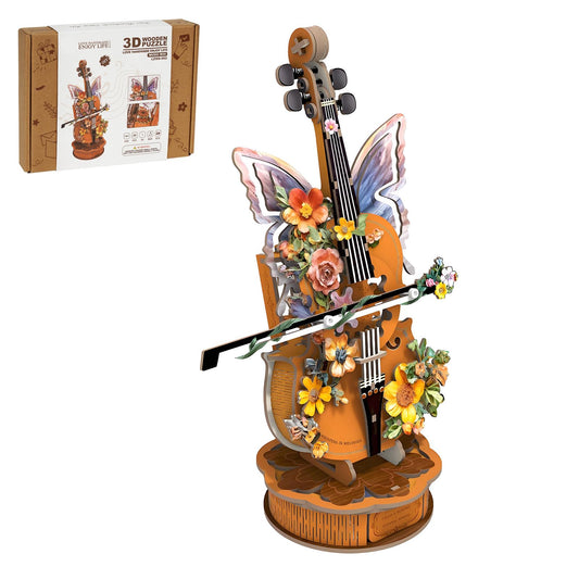 Rnfinewow 3D Puzzles for Adults, Mechanical Wooden Cello Music Box Puzzles, DIY Flower Music Box Cello Crafts Model Kits Home Decor for Holiday Birthday Gifts Hobbies
