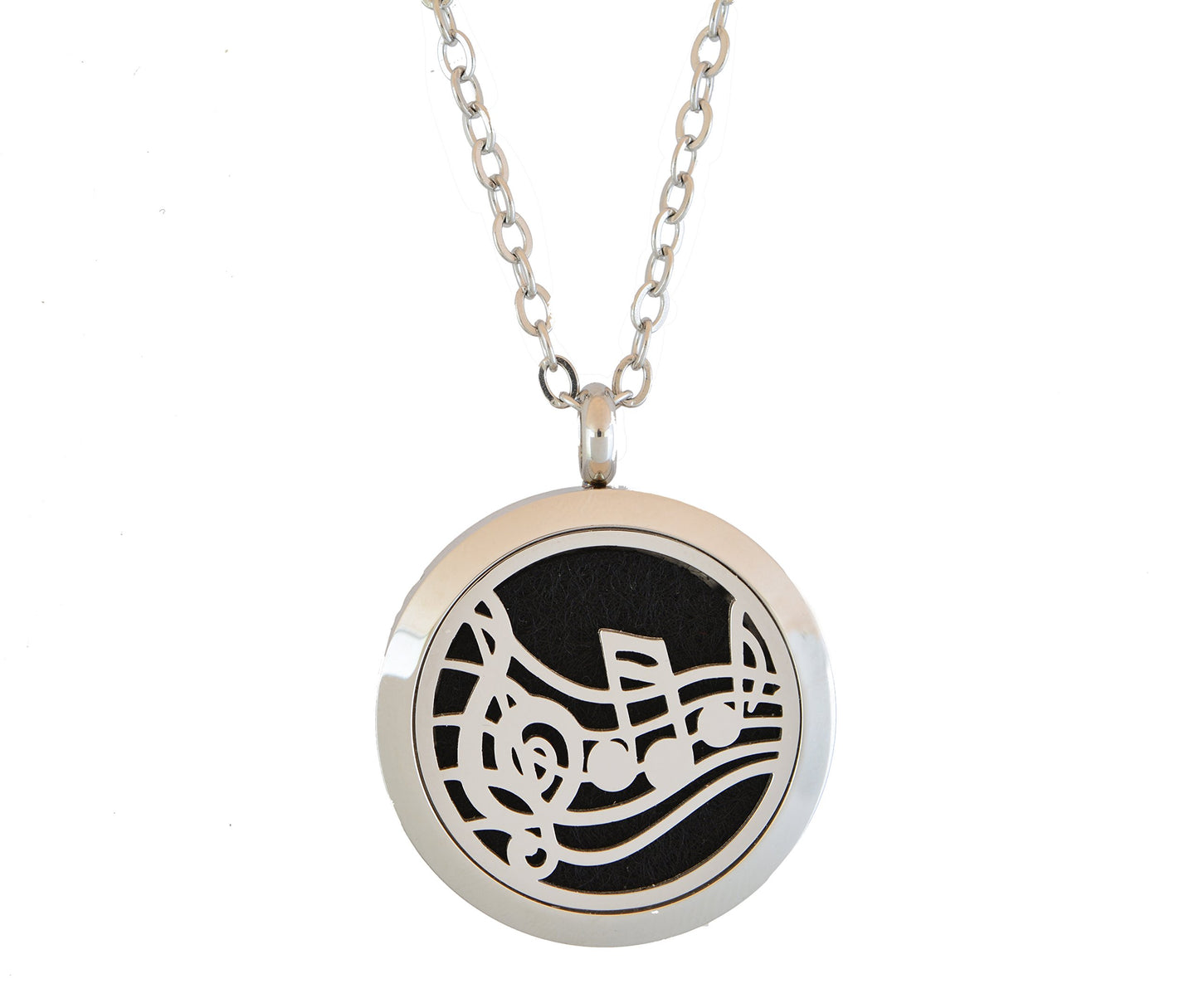Aromatherapy Essential Oil Diffuser Stainless Steel 30MM Silver Magnetic Locket Pendant with Chain Necklace and Colored Refill Pads & Diffuser Bracelet All in a Velvet Bag (Music)