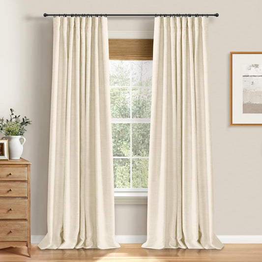 Skiennix 100% Blackout Curtains - Thermal Insulated Faux Linen | 84" Length, 2 Panels, Butter Cream