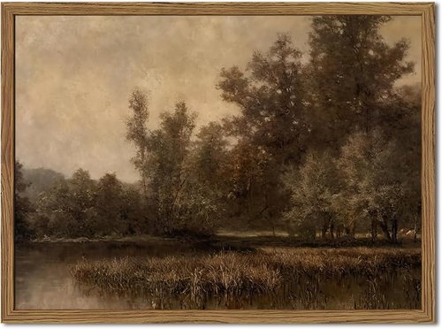 Framed Vintage Landscape Canvas Wall Art - Rustic Forest Lake Decor | Aesthetic 12x16 Inch Prints for Home