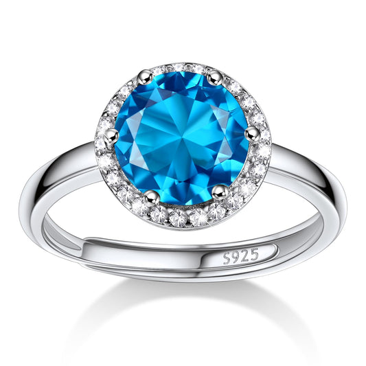 Bestyle CZ Round Diamond Rings 5mm December Blue Topaz Birthstone Solitaire Rings, 925 Sterling Silver Rings Jewelry Gift for Wedding Anniversary Birthday