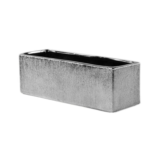 WGVI Long Rectangle Ceramic Planter Vase in Silver Etched 12" x 4" x 4"H, Block Rectangular Terrarium Box Pot, Flower Arrangement, Table top Centerpiece, Home Decor Storage Container, 1 Pc.