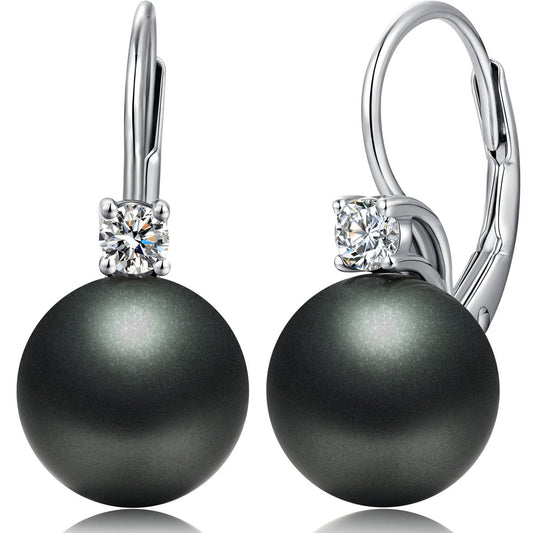 Black Pearl Leverback Earrings Pearl Dangle Drop Earring for Women 925 Sterling Silver Cubic Zirconia 10mm Jiahanzb