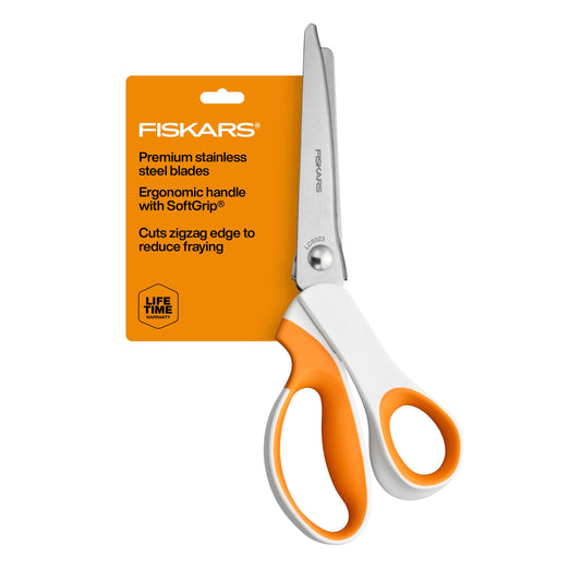 Fiskars Pinking Shears, Gifts for Mom, Fabric Scissors with Ergonomic Handle,Zig Zag Edge and Stainless Steel Blades, Orange/White