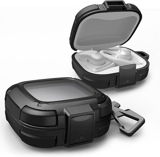 Dexnor for SHOKZ OpenFit Air Case with Drop-Proof Lock, Shockproof Rugged Bumper Cases Protective Cover with Carabiner & Keyring & Cleaner Kit Black