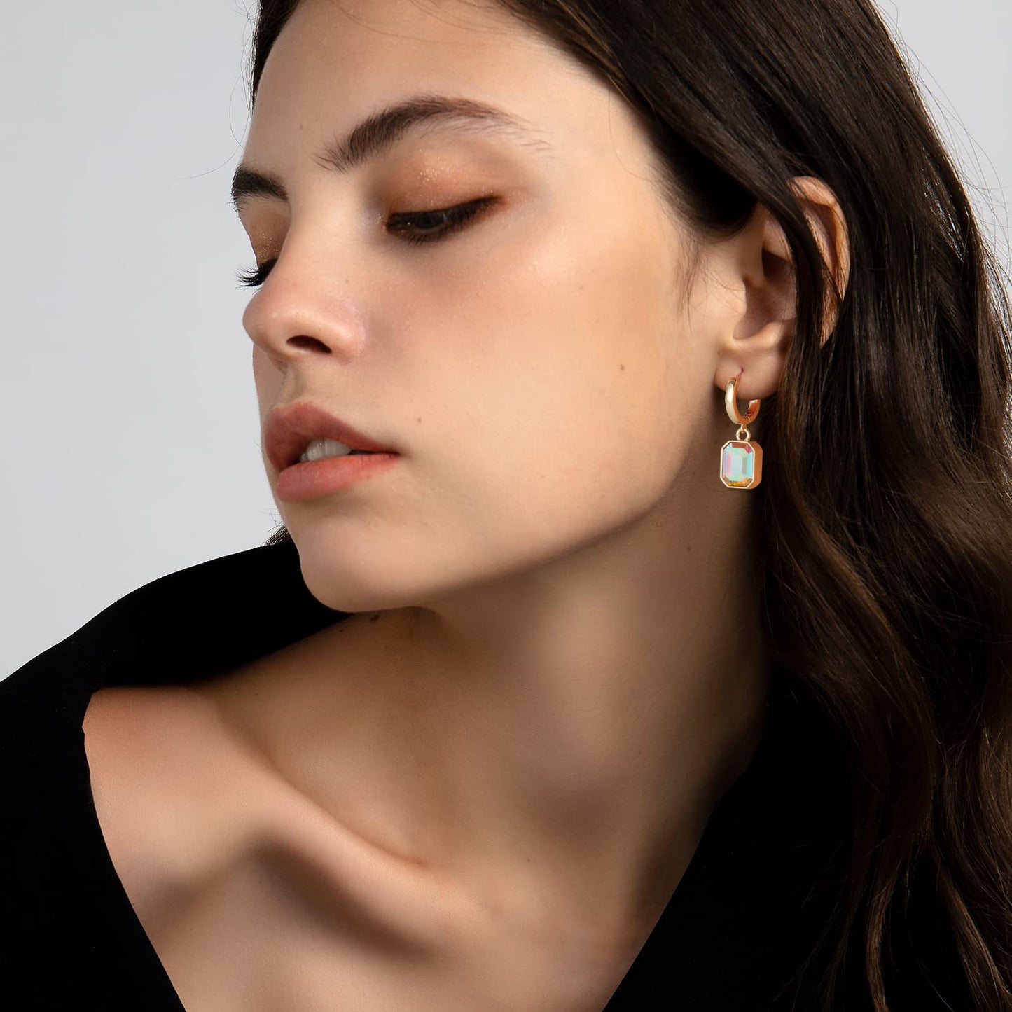 Birthstone Crystal Dangle Drop Earrings, 18K Gold Plated Huggie Hoop Hypoallergenic Earring Jewelry Gifts for Women (Aurora Borealis)