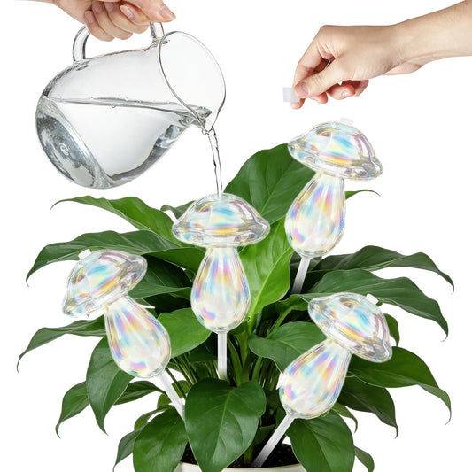4pcs Plant Watering Globes Self Watering Planter Insert Devices,Glass Watering Bulbs Mushroom Pattern Watering Globes for Indoor Plants Top-Fill Watering Rainbow Colors (Round Automatic Watering Bulb)