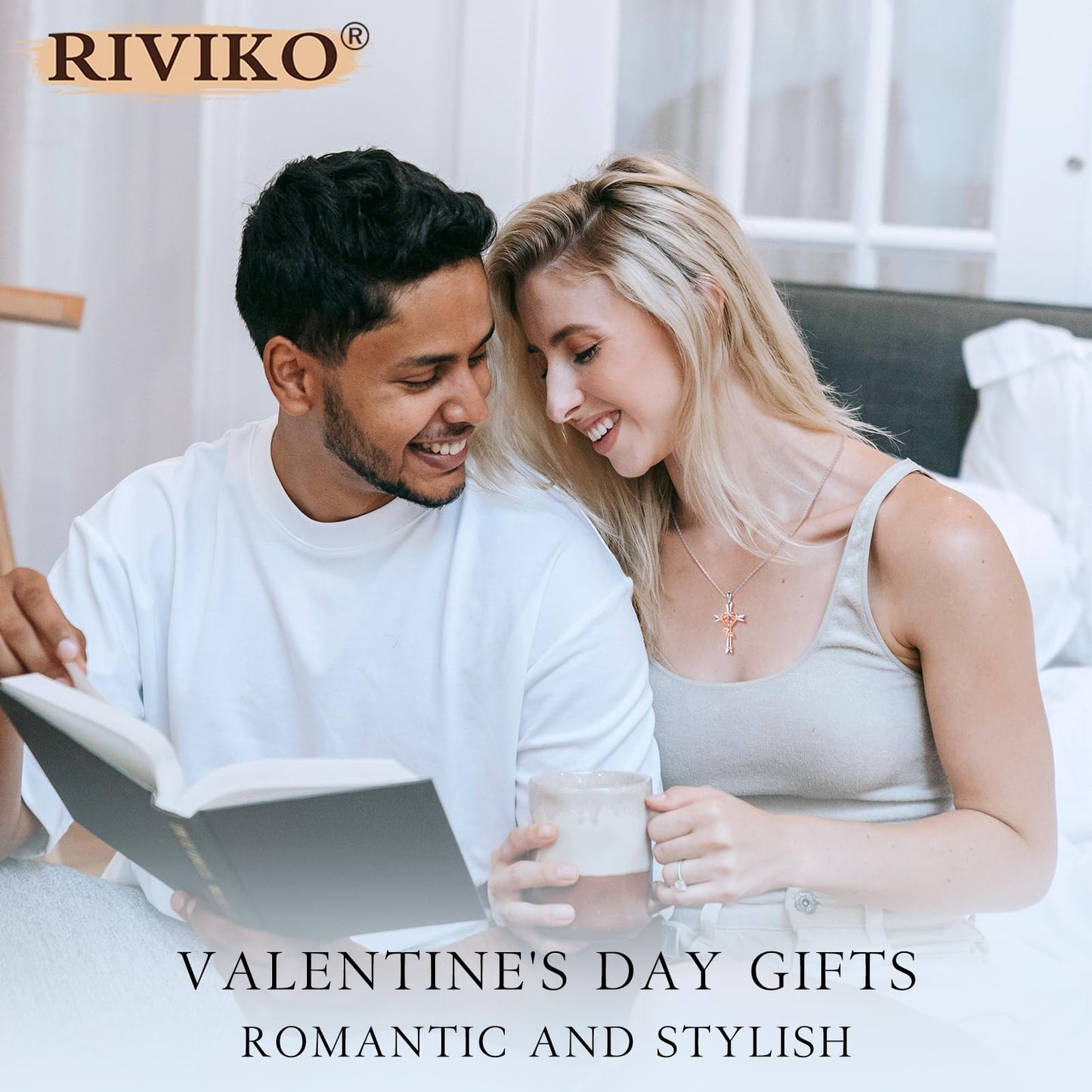 RIVIKO 925 Sterling Silver Cross Feb Birthstone Necklace for Women Cross Rose Pendant Necklaces Trendy Anniversary Jewelry Birthday Gift for Women Her Wife Girlfriends Daughter