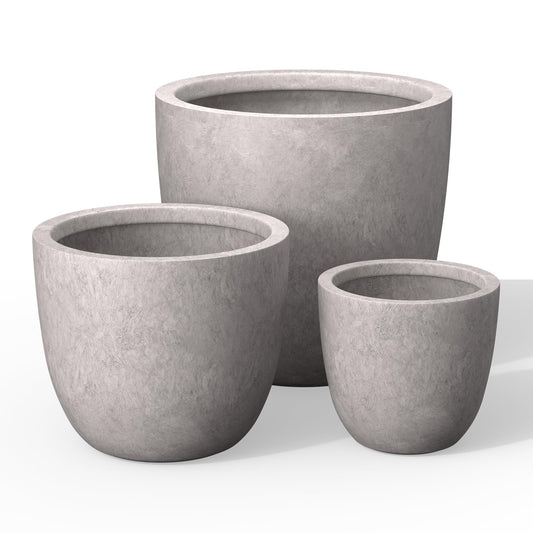 Kante Round Concrete Planter Set of 3, Large Outdoor Indoor Plant Pots with Drainage Hole, 10/14/18-Inch Diameter Flower Pots for Patio, Garden and Home, Light Gray