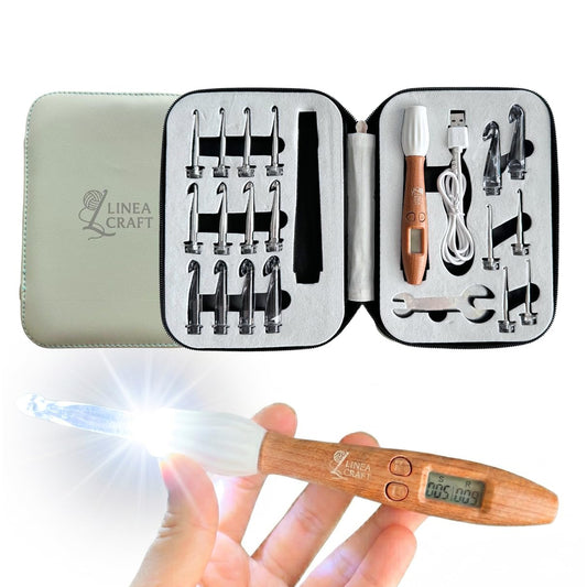 LineaCraft Counting Crochet Hook Set with Light & Counter – 18 Sizes Interchangeable Hooks Kit for Beginners, Light up, Digital Stitch & Row Counter, Ergonomic for Arthritic Hands – Crochet Gift