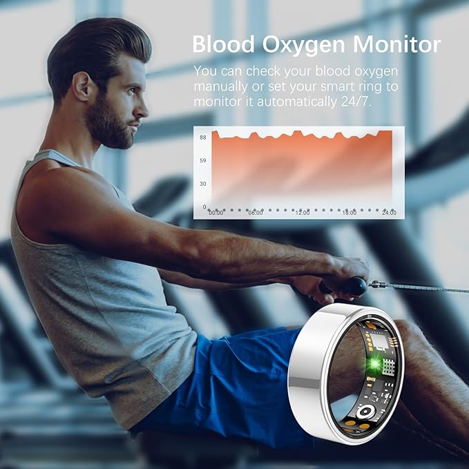 Ring Health Tracker for Women Men, Fit Ring with Heart Rate, Blood Oxygen, Sleep Monitor, Calories, Step Counter, IP68 Waterproof Smart Ring for iPhone & Android, No Subscription Fee (Silver, 12#)