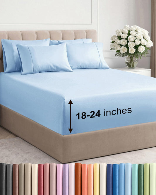 Skiennix Extra Deep Full Sheet Set - 6 Piece Breathable Cooling Bedding - Soft Wrinkle-Free Light Blue