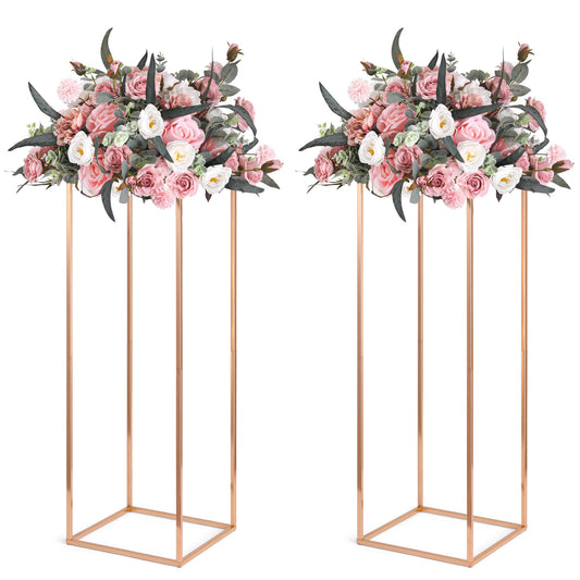 Gold Wedding Flower Stands, Set of 2 Metal Vases Column Geometric Wedding Table Display Centerpieces 31½ inches Tall Floral Decoration Holders for Wedding Party Decor