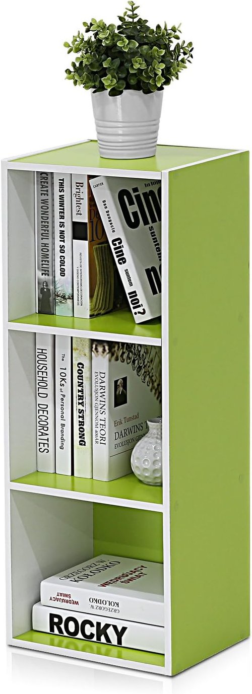 Furinno LUDER 3-Cube Bookshelf - Easy Assembly Bookcase for Living Room, Bedroom, Home Office | White/Green