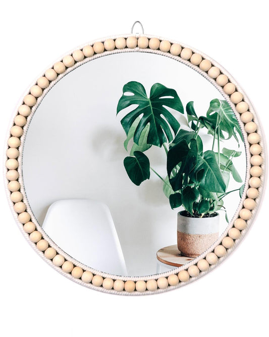 Poeme Boho Wall Mounted Circle Mirror, Wooden Round Wall Decor for Bathroom Living Room Bedroom, Decorative Hanging Farmhouse Nursery Furniture (17 Inch)